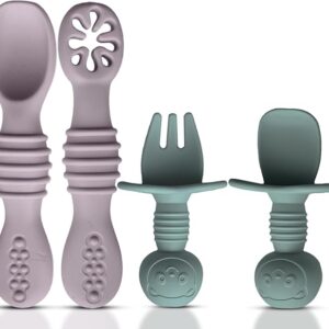 4 cucharas de silicona para bebés de 6 a 12 meses, 3 cucharas para bebés, 1 tenedor para bebés, juego de cubiertos para niños pequeños, sin BPA, apto para lavavajillas, artículos esenciales