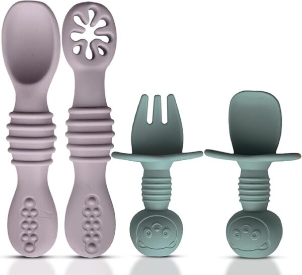 4 cucharas de silicona para bebés de 6 a 12 meses, 3 cucharas para bebés, 1 tenedor para bebés, juego de cubiertos para niños pequeños, sin BPA, apto para lavavajillas, artículos esenciales