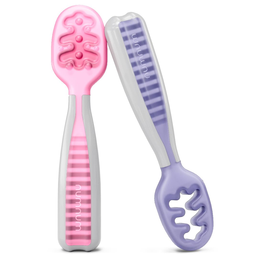 NumNum – Juego de 2 cucharas de entrenamiento para bebés y niños a partir de 6 meses, primera etapa, para destete guiado por el bebé, silicona, autoalimentación, lila/rosa