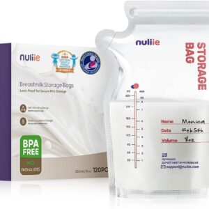 Nuliie 120 bolsas de almacenamiento de leche materna, bolsas de almacenamiento de leche materna de 8 onzas, sin BPA, bolsas de almacenamiento de leche con boquilla para verter para amamantar