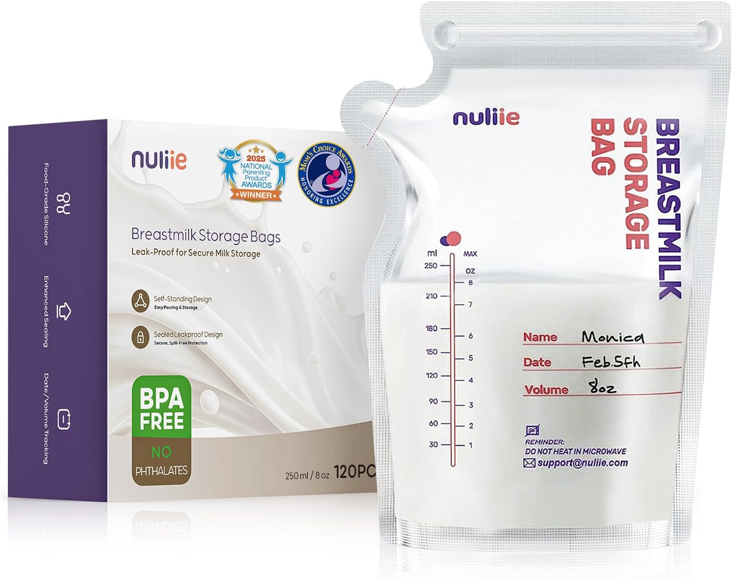 Nuliie 120 bolsas de almacenamiento de leche materna, bolsas de almacenamiento de leche materna de 8 onzas, sin BPA, bolsas de almacenamiento de leche con boquilla para verter para amamantar