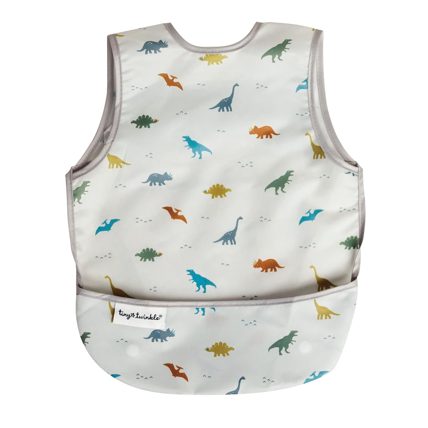 Tiny Twinkle Babero a prueba de desorden – Delantal de destete impermeable y ligero | 100% poliéster reciclado, fácil de limpiar y lavable a máquina (dinosaurio, pequeño 6-24 meses)