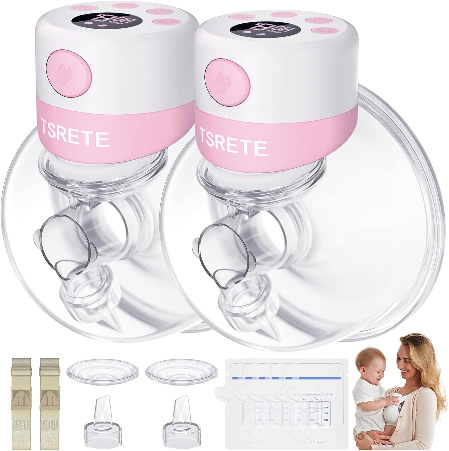 TSRETE Extractor de leche doble portátil, sacaleches eléctricos manos libres con 2 modos, 9 niveles, pantalla LCD, función de memoria, extractor de leche recargable, brida de 0.94 pulgadas, color rosa