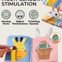 Lindo libro suave para bebé con espejo, actividades, tacto y tacto y páginas arrugadas, juguete sensorial interactivo de tela para bebés de 0 a 6, 6 a 12 y 12 a 18 meses, adorables temas de animales - Image 3
