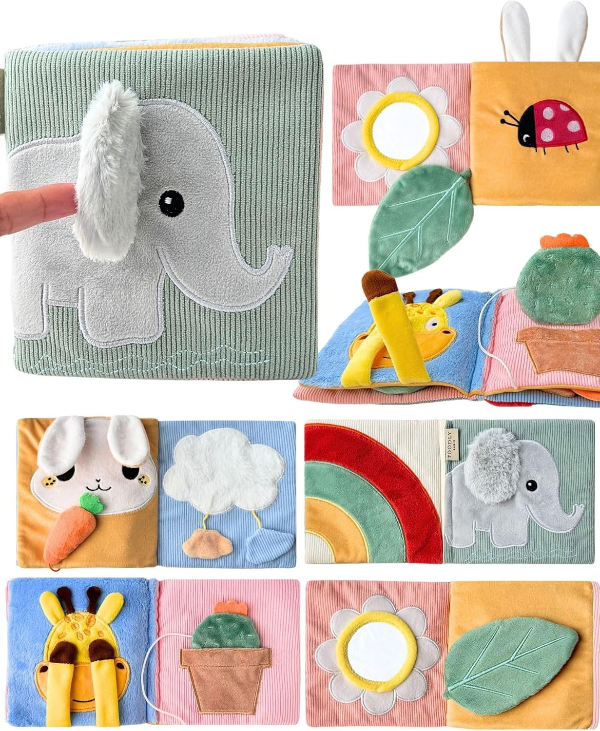 Lindo libro suave para bebé con espejo, actividades, tacto y tacto y páginas arrugadas, juguete sensorial interactivo de tela para bebés de 0 a 6, 6 a 12 y 12 a 18 meses, adorables temas de animales